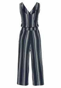 Marineblauwe en witte gestreepte jumpsuit met een V-hals, wijde benen en een gegatherde tailleband. Gemaakt van textuurstof, met verticale lijnen door het geheel.