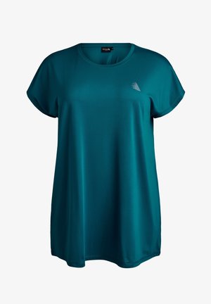 T-shirt verde acqua a maniche corte in tessuto liscio con vestibilità rilassata; presenta un piccolo logo geometrico bianco sul lato sinistro del petto.