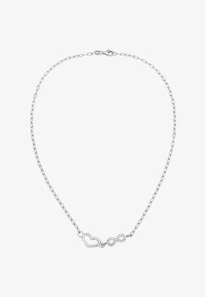 Collier en chaîne argenté mettant en valeur des symboles de cœur et d'infini, orné de petits cristaux scintillants. Les maillons sont ovales avec un fermoir.