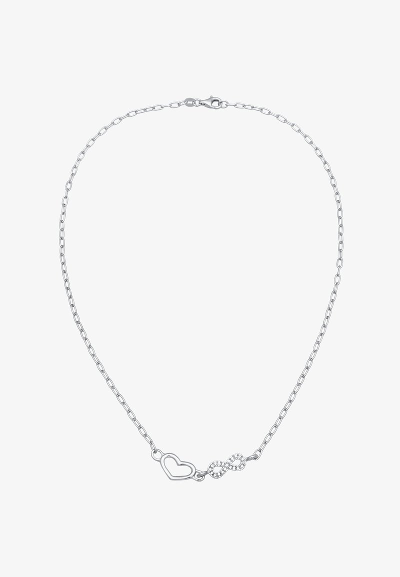 Sølv kædedyse med hjerte- og uendelighedssymboler, prydet med små glitrende krystaller. Leddene er ovale med en klipslås.