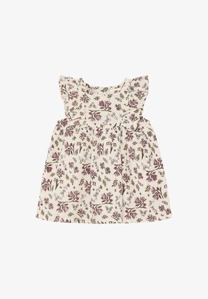 Blumiges Baumwollkleid mit kurzen, gerafften Ärmeln, das einen cremefarbenen Hintergrund sowie lila, grüne und braune botanische Muster zeigt.