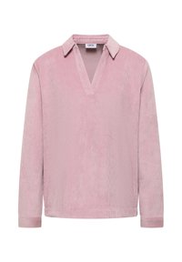 Camisa de manga larga de pana rosa claro con cuello en V, textura acanalada y puños rectos. Etiqueta de la marca: CECIL.
