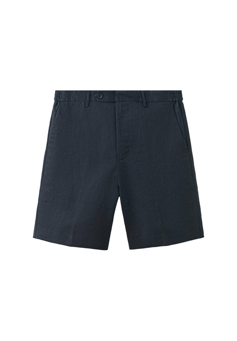 Shorts pour hommes bleu marine foncé avec fermeture par bouton, passants de ceinture et poches avant, affichés sur fond blanc.