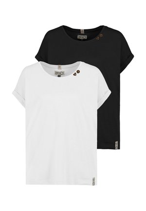 Ein Paar T-Shirts aus Baumwolle in Weiß und Schwarz, mit umgeschlagenen kurzen Ärmeln, einem runden Ausschnitt und herzförmigen Knöpfen auf einer Schulter.