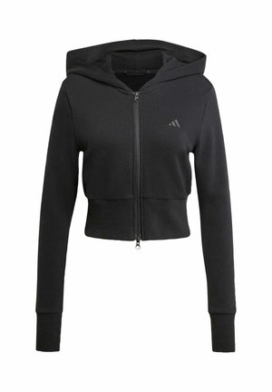 Sort cropped zip-up hoodie. Lavet af glat stof med en tætsiddende design. Har hætte, lange ærmer og et lille logo på brystet.