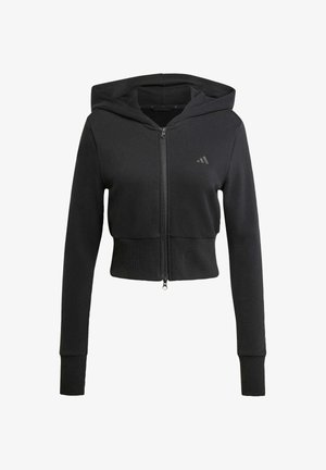 Sort cropped zip-up hoodie. Lavet af glat stof med en tætsiddende design. Har hætte, lange ærmer og et lille logo på brystet.