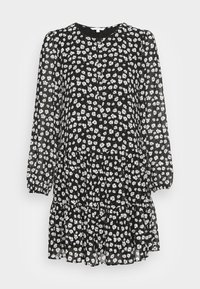 Schwarzes Blumenkleid aus leichtem Stoff mit weißen und rosa Blumen, langen Puffärmeln, rundem Ausschnitt und gestuftem, gerafftem Saum.