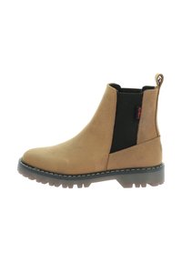 Stivale Chelsea in pelle marrone con pannelli elastici neri, suola in gomma e linguetta, caratterizzato da una punta arrotondata e cuciture a contrasto.