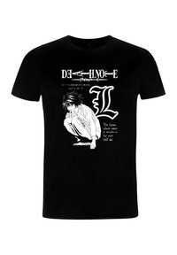 Camiseta de algodón negra con un estampado gráfico blanco de un personaje en posición de cuclillas, con texto de "Death Note" arriba y abajo.