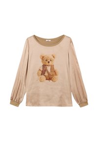 Maglietta a maniche lunghe beige con disegno stampato di un orsacchiotto con gli occhiali. Realizzata in tessuto liscio, con scollo a costine e polsini elasticizzati.