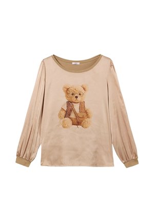 Top beige de manga larga con diseño impreso de un osito de peluche con gafas. Confeccionado en tejido suave, escote acanalado y puños elásticos.