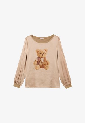 Béžové tričko s dlouhým rukávem s potiskem medvídka s brýlemi. Vyrobeno z hladké látky, s žebrovaným výstřihem a elastickými manžetami.
