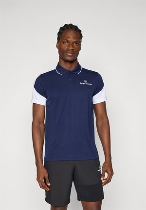 Navy blue polo shirt with white accents on sleeves, button placket, and Sergio Tacchini logo on the left chest; smooth fabric texture.