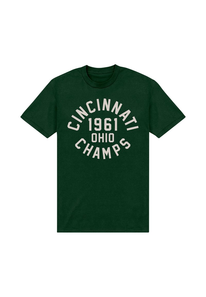 Tmavě zelené tričko s béžovým nápisem "CINCINNATI 1961 OHIO CHAMPS" uspořádaným do kruhového designu na přední straně.