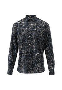 Langarmhemd in Dunkelblau mit Paisleymuster. Mit aufwendigen weißen und hellblauen floralen Akzenten. Aus Baumwollmaterial, mit Knopfleiste.