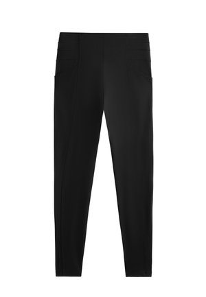 Black high-waisted tapered pants with front diagonal seams and horizontal stitch detail near the waistband on both sides.