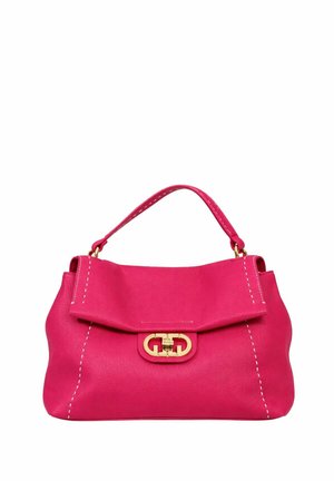 Borsa a mano in pelle rosa brillante con un solo manico superiore, patta pieghevole, cuciture bianche e chiusura dorata al centro davanti.