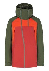 Multikleurige waterdichte jas met een groene capuchon, een rood en oranje lichaam, een rits aan de voorkant en grote zakken. Gelaagde stof met een sportief ontwerp.