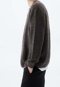 Maglione fuzzy di un grigio scuro, realizzato in un tessuto lavorato a maglia. Presenta un colletto tondo e maniche lunghe, abbinato a una camicia bianca sottostante.