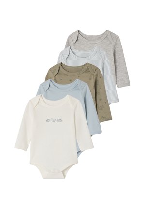 Five long-sleeve baby bodysuits in white, light blue, olive with animal prints, blue and gray stripe, and solid gray colors, layered on a white background.