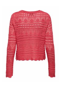 Rode gebreide trui met een cropped ontwerp, voorzien van ajourpatronen en lange mouwen. De achterkant heeft een geschulpte zoom en ronde uitsparingen.