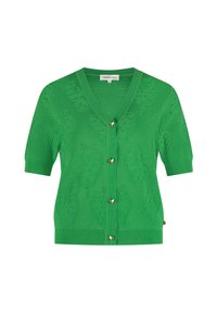 Groene kortemouwen cardigan van lichtgewicht breiwerk, met gestructureerde aarbeienpatronen en hartvormige knopen aan de voorkant.