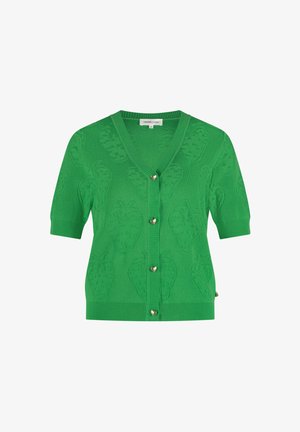 Grüne kurzärmlige Strickjacke aus leichtem Material, mit strukturierten Erdbeer-Mustern und herzförmigen Knöpfen entlang der Front.