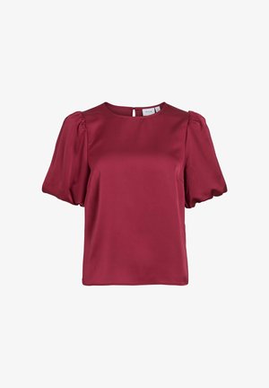 Burgundia lühikeste varrukatega pluus, mis on valmistatud siledast kangast, millel on ümara kaelusega, puffvarrukad ja peen tagumine võtmekoha detail.