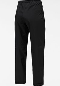 Black waterproof pants with an elastic waistband, smooth texture, and tapered fit. Features reinforced stitching and no visible patterns.