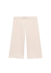 Pantalons cropped à jambes larges de couleur beige clair, fabriqués en textile doux, avec une taille lisse et des bords festonnés au bas.