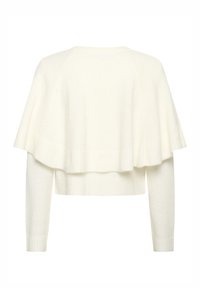 Fehér kötött pulóver réteges köpeny dizájnnal. Hosszú ujjak, bordás mandzsetták és puha, texturált anyag jellemzi.