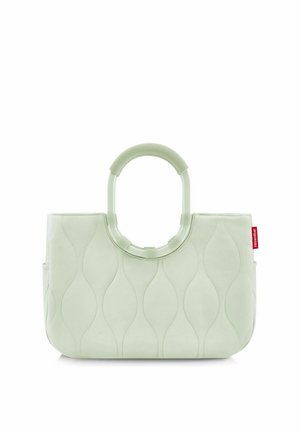 Hellgrüne Handtasche mit runden Henkeln, wellenförmigem Nahtmuster und einem kleinen roten Stoffetikett auf der rechten Seite.