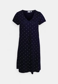 Námořnická modrá šaty s krátkými rukávy a výstřihem do V. Mají bílá puntíky a zavazování v pase, vyrobené z měkké, lehké látky.