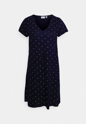 Vestido azul marino con mangas cortas y escote en V. Presenta lunares blancos y una cintura atada, hecho de una tela suave y ligera.