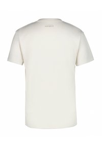 Bílé tričko s krátkými rukávy a hladkou texturou, kulatým výstřihem a jemným detailem loga na horní části zad. Jednoduchý design bez vzorů.