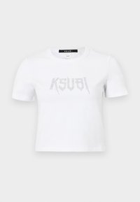 Biely tričko s krátkymi rukávmi vyrobené z bavlny, na prednej strane s ozdobným logom v striebornej farbe. Jednoduchý okrúhly výstrih a voľný strih.