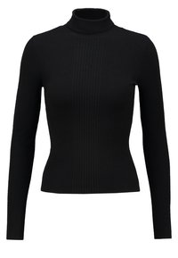 Musta poolikaulus, pitkähihainen pusero, jossa on resorikuvio, vartaloa myötäilevä vyötärö ja korkea kaulus, esillä valkoisella taustalla.