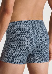 Zwemshorts met een blauw geometrisch patroon en lichte blauwe accenten, gemaakt van rekbaar materiaal, met een aansluitende pasvorm en een middelhoge tailleband.