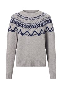 Grauer Strickpullover mit marineblauen geometrischen Mustern um die Passe sowie gerippten Bündchen und Saum.