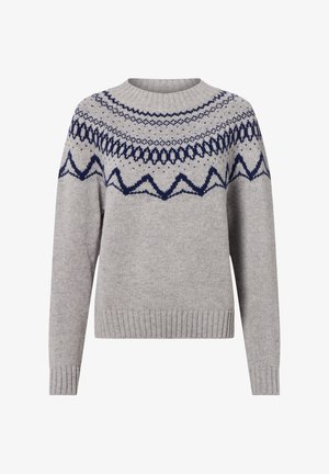 Grauer Strickpullover mit marineblauen geometrischen Mustern um die Passe sowie gerippten Bündchen und Saum.