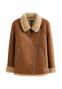 Giacca di pelle marrone con colletto di shearling, due tasche con zip e una zip diagonale sul davanti. Texture morbida e dettagli di design accoglienti.