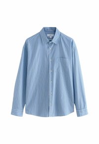 Light blue long-sleeve shirt with vertical white and blue stripes, button front, classic collar, and a chest pocket on the left.