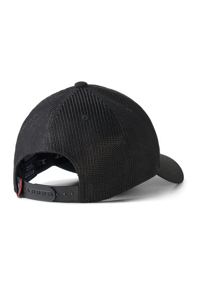 Casquette de baseball noire en mesh avec sangle snapback réglable, vue de l’arrière droit sur fond blanc.