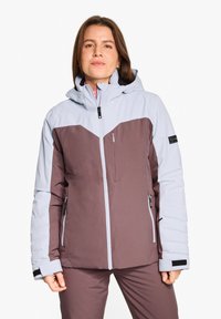 Insulated jacket with a light blue upper and dark brown lower section. Features a hood, zippered pockets, and adjustable cuffs.