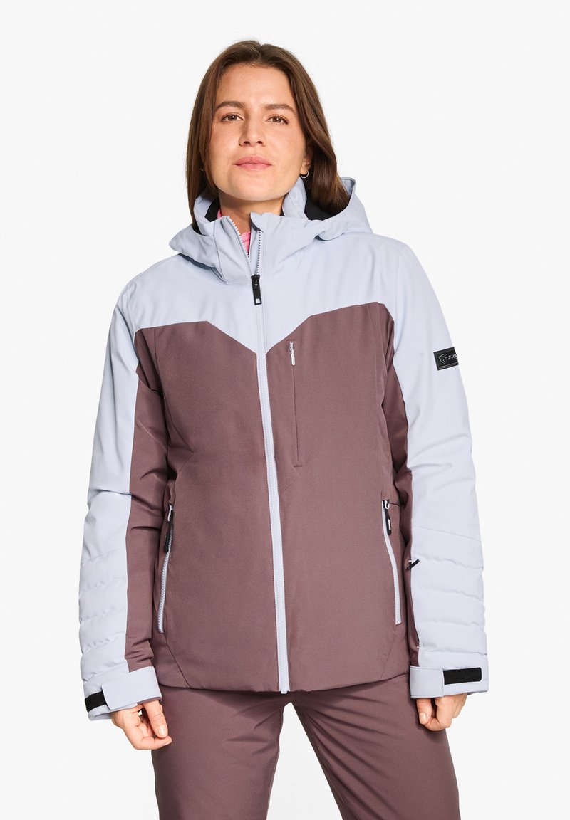 Insulated jacket with a light blue upper and dark brown lower section. Features a hood, zippered pockets, and adjustable cuffs.