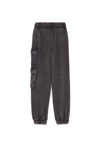 Dunkelgraue Cargo-Joggerhosen mit elastischem Bund und Bündchen, ausgestattet mit drei Klappentaschen am linken Bein.