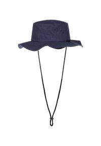 Navy modrý klobouk s širokým okrajem, vyrobený z látky, s nastavitelným bradovým páskem a dvěma ventilačními otvory po stranách.