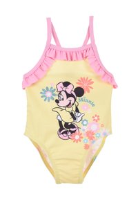 Gelbes Schwimmbad mit rosa Rüschenträgern, das eine Grafik einer Mä character, umgeben von bunten Blumen und glitzernden Akzenten, zeigt.