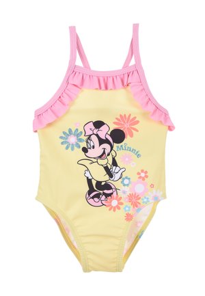 Gelbes Schwimmbad mit rosa Rüschenträgern, das eine Grafik einer Mä character, umgeben von bunten Blumen und glitzernden Akzenten, zeigt.