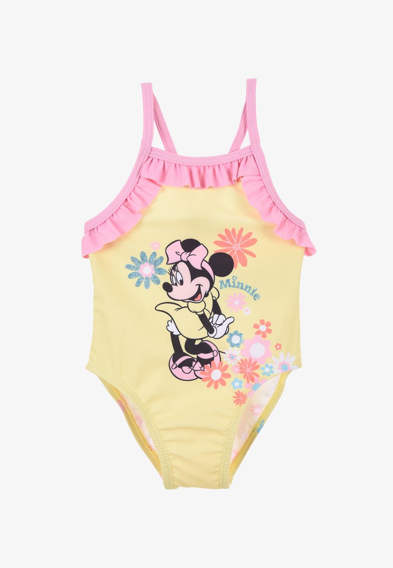 Gelbes Schwimmbad mit rosa Rüschenträgern, das eine Grafik einer Mä character, umgeben von bunten Blumen und glitzernden Akzenten, zeigt.